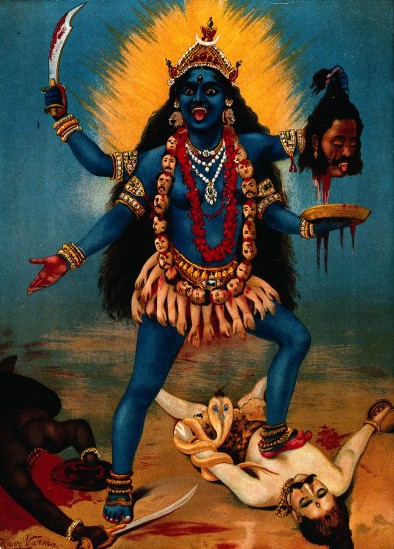 V0045118 Kali trampling Shiva. Chromolithograph by R. Varma.